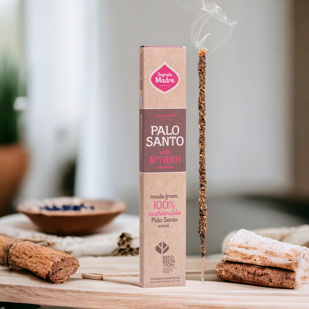 Palo Santo with Myrrh incense stick with packaging on a wooden surface