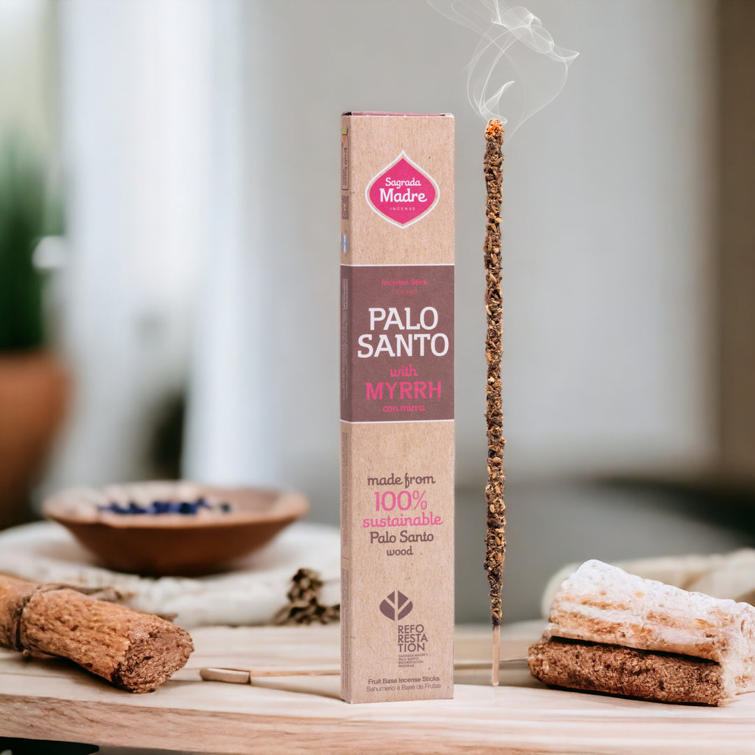 Palo Santo with Myrrh incense stick with packaging on a wooden surface