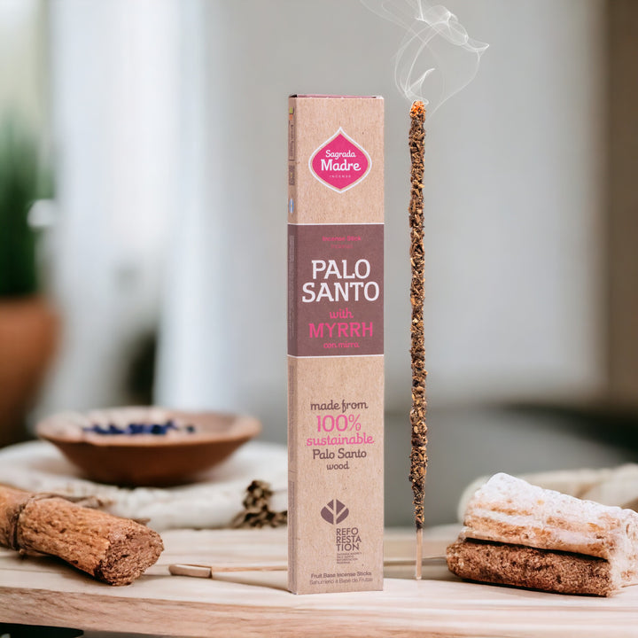 Palo Santo with Myrrh incense stick with packaging on a wooden surface