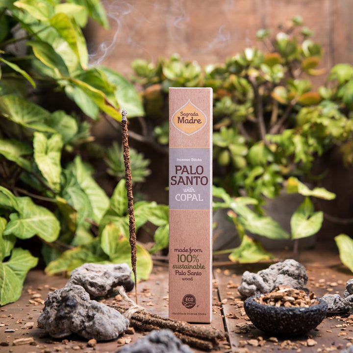 A box of Sagrada Madre Palo Santo incense sticks with copal, placed on a surface surrounded by plant leaves and a few incense sticks are visible in the foreground.