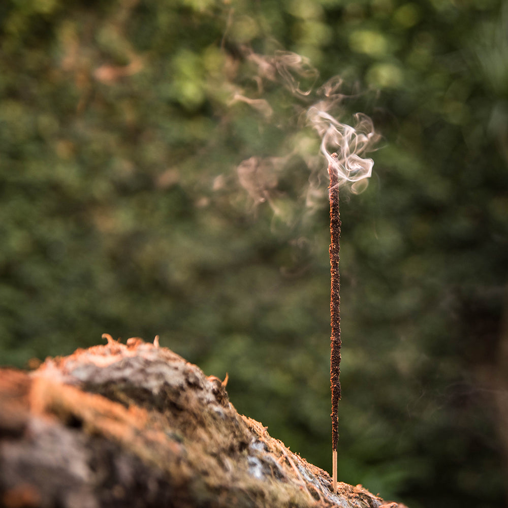 Myrrh incense stick with smoke rising against a blurred green background