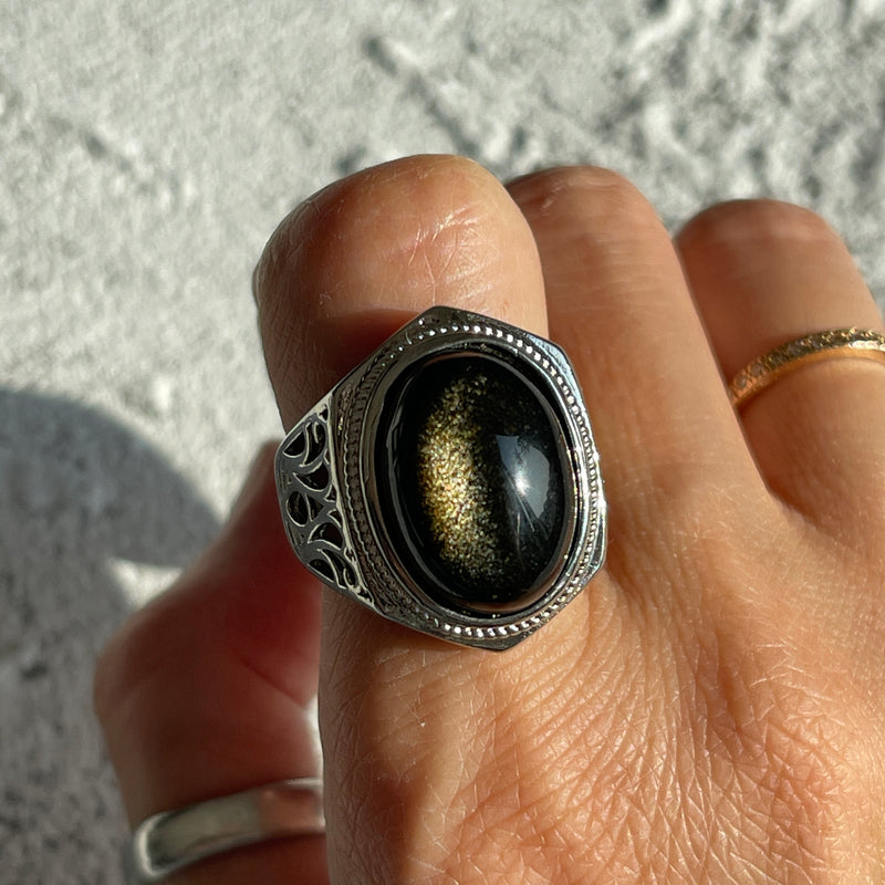 Golden Sheen Obsidian Adjustable Ring