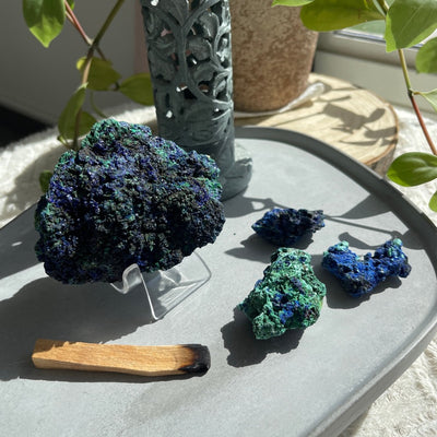 Rich royal blue azurite malachite on display