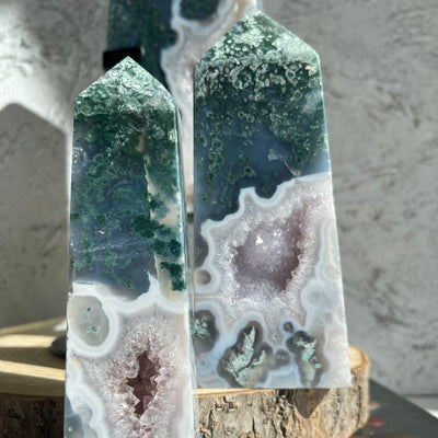 Moss Agate With Amethyst Tower