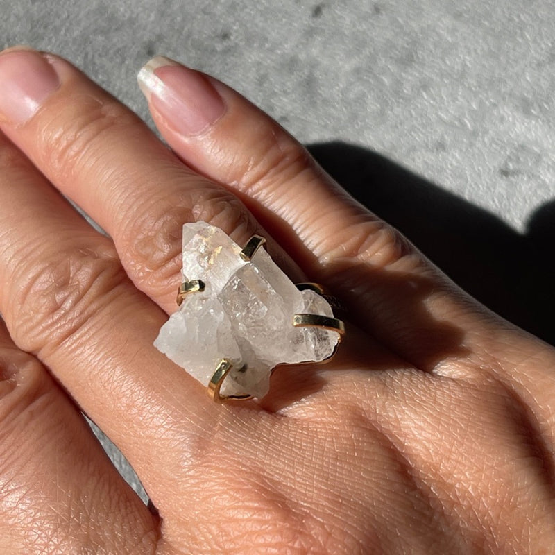 Clear quartz cluster ring in gold plated band