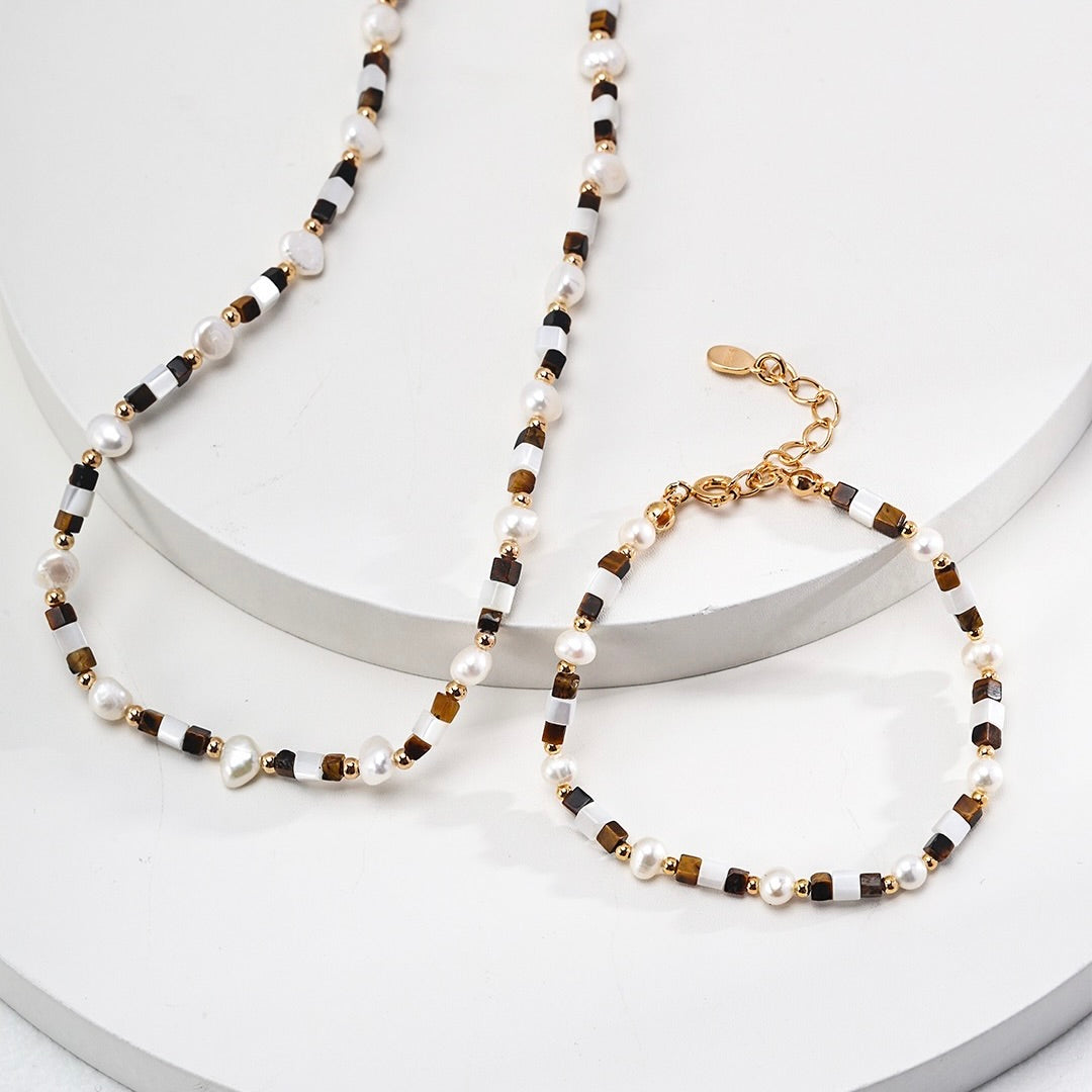和  · He - Tiger's Eye + Mother of Pearl + Freshwater Pearl Necklace