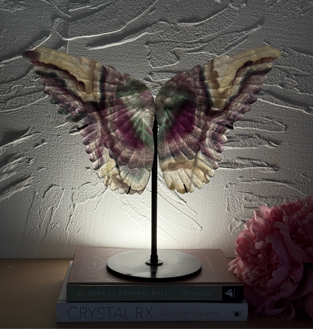 Statement rainbow fluorite wings on metal stand