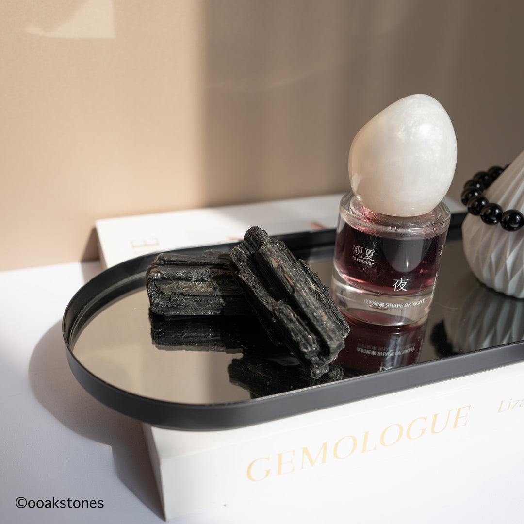 Natural raw Black Tourmaline crystal from Brazil displayed as contemporary home décor by OOAKSTONES.