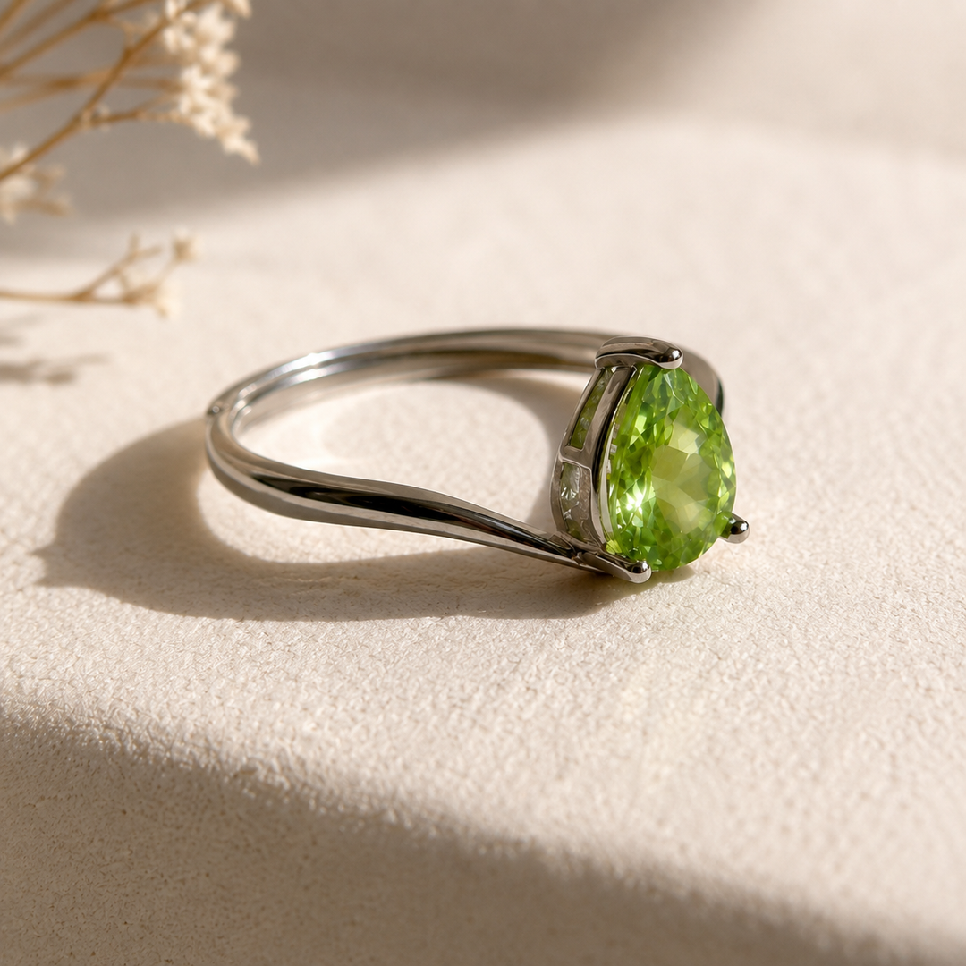 Natural Peridot Ring | S925 Silver | Pear Cut
