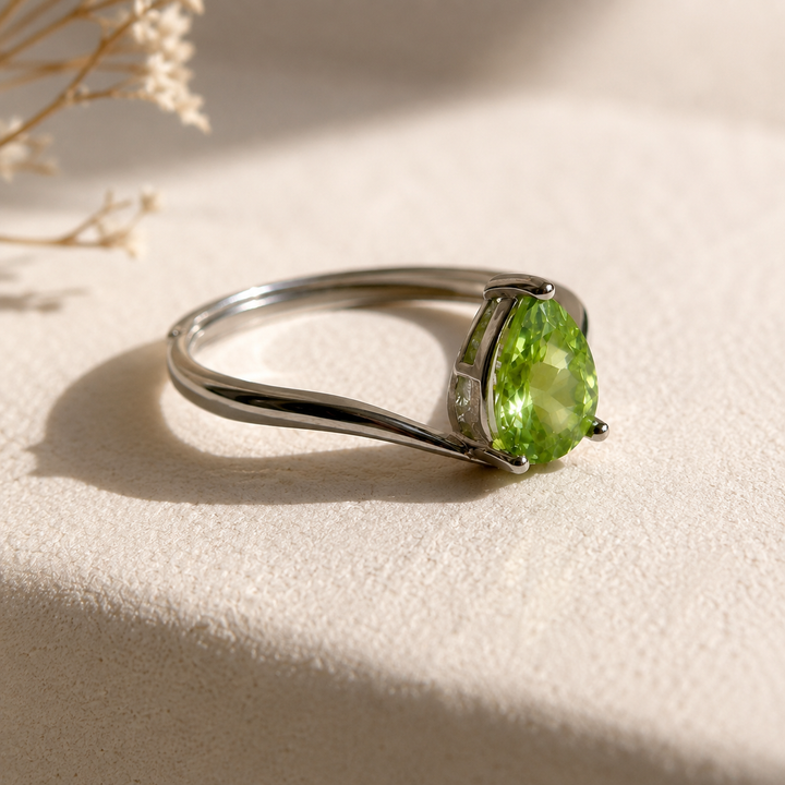 Natural Peridot Ring | S925 Silver | Pear Cut