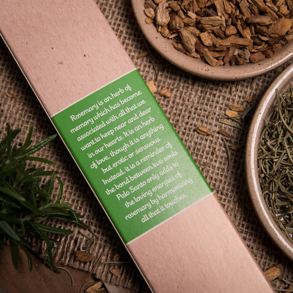 Backside of the Palo Santo and Rosemary incense stick packaging