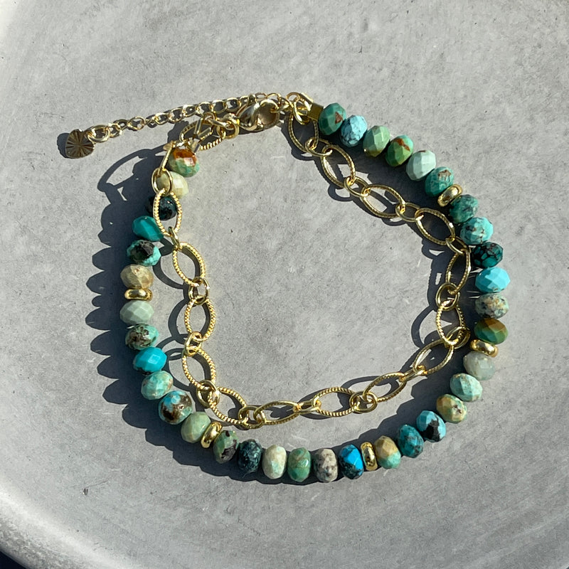 Adjustable Faceted Bracelet with Chain- Turquoise