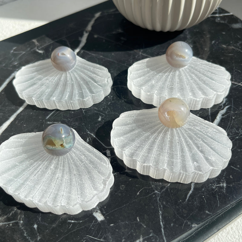 Selenite Shell Bowl with Mini Agate Sphere