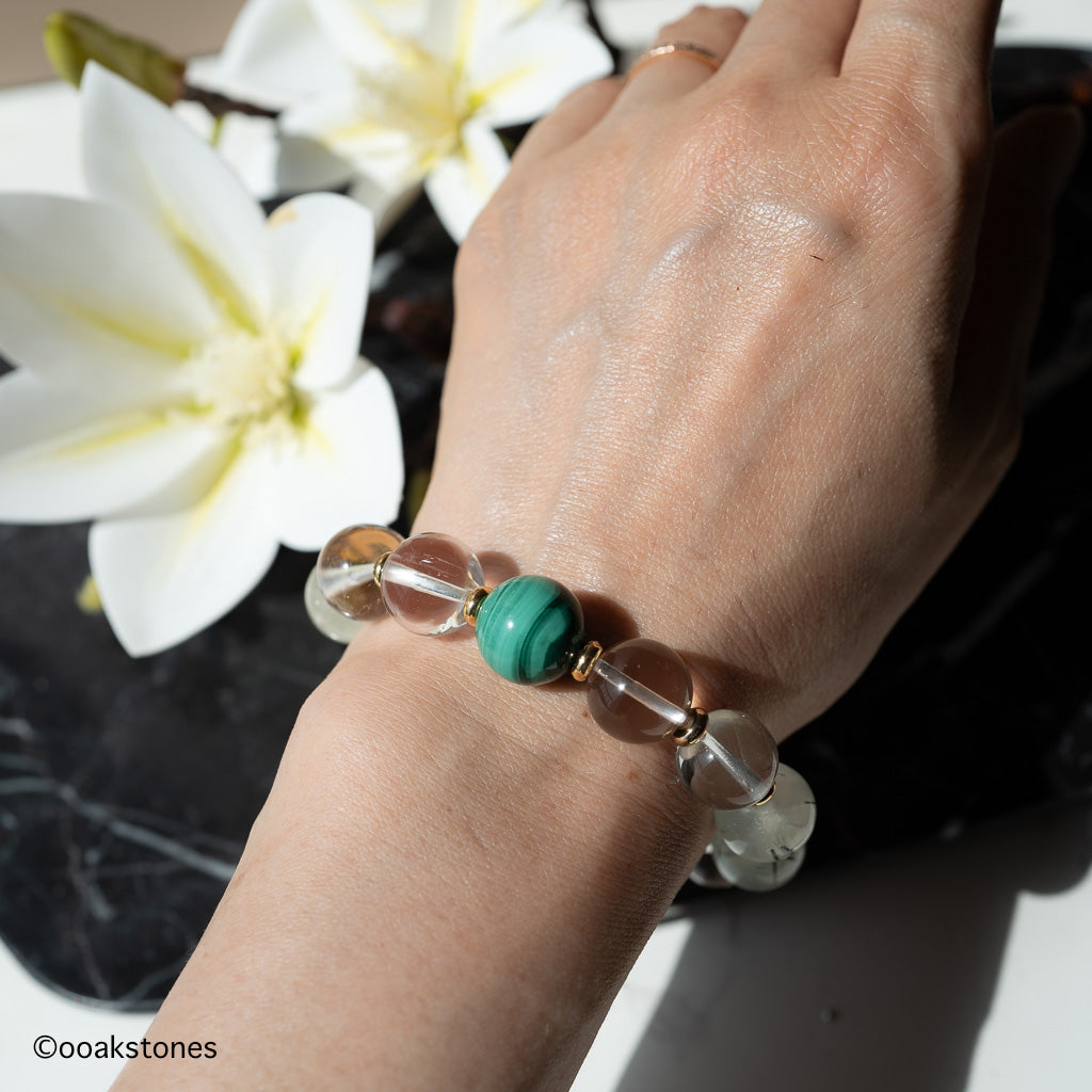 Malachite + Clear Quartz + Prehnite 10mm Beaded Bracelet