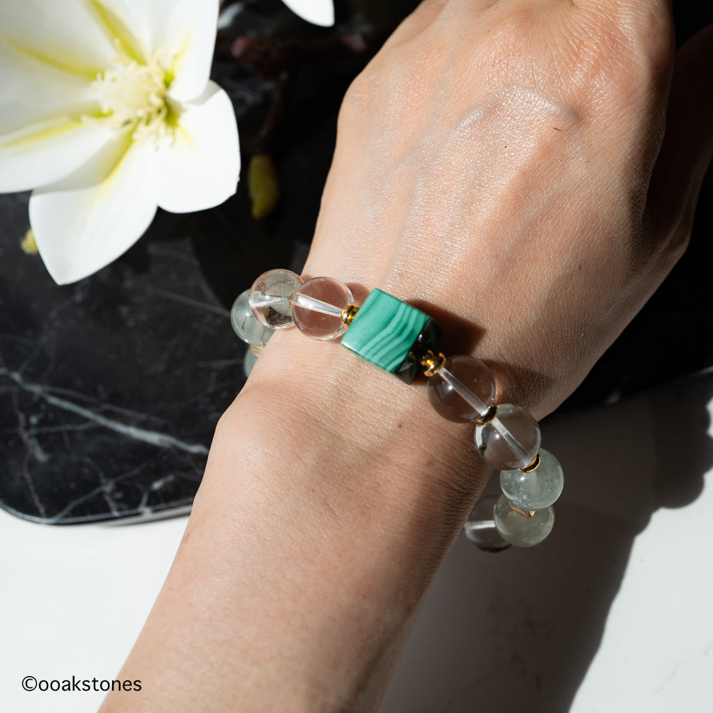 Malachite + Clear Quartz + Prehnite 10mm Beaded Bracelet