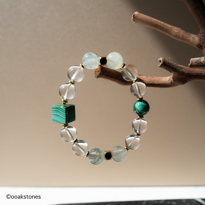 Malachite + Clear Quartz + Prehnite 10mm Beaded Bracelet