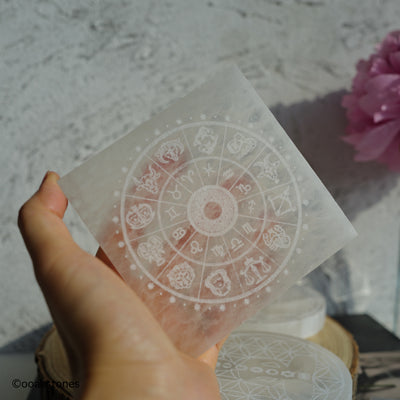 Square Selenite Charging Plate with Zodiac Symbol