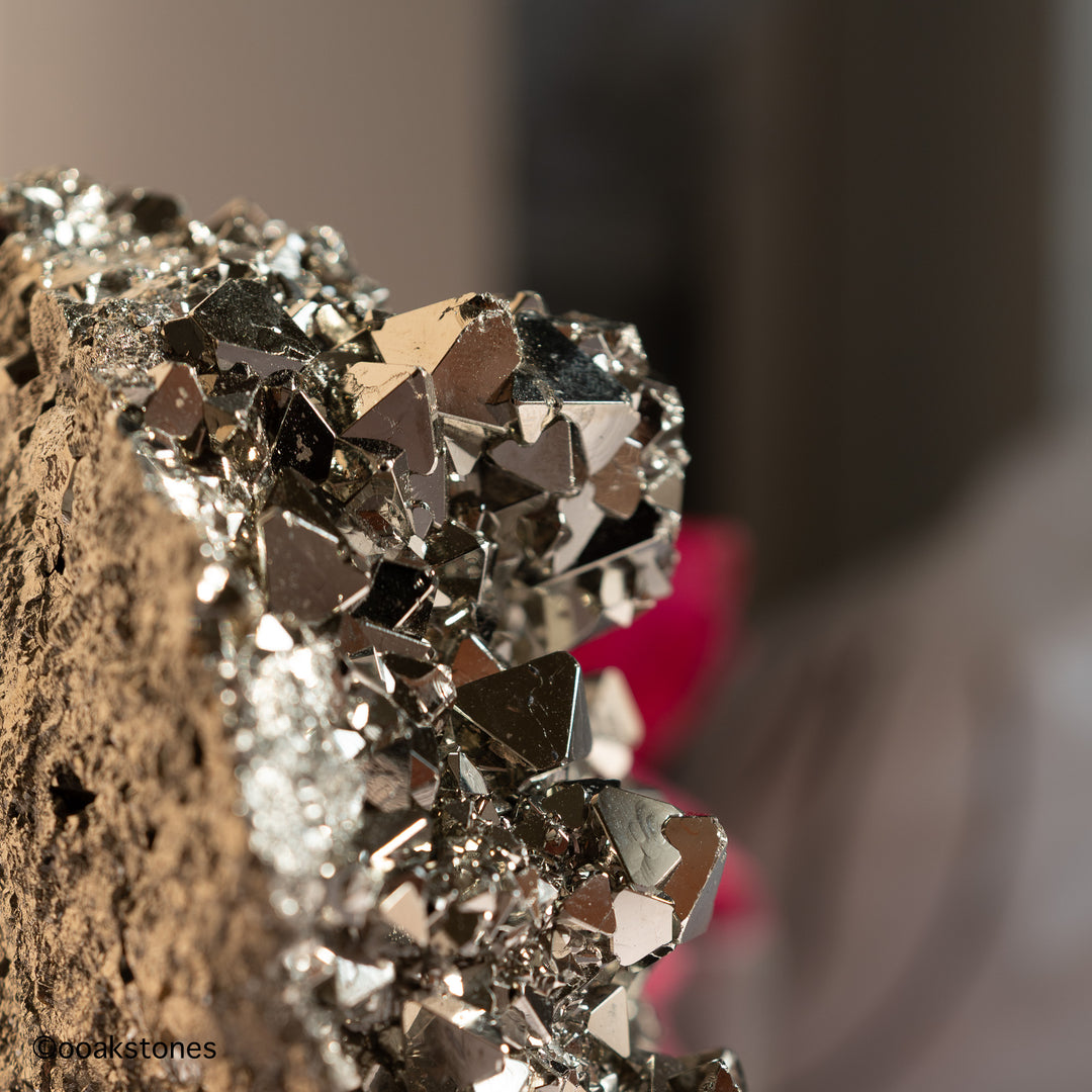 Close-up of natural octahedral Pyrite crystal formation