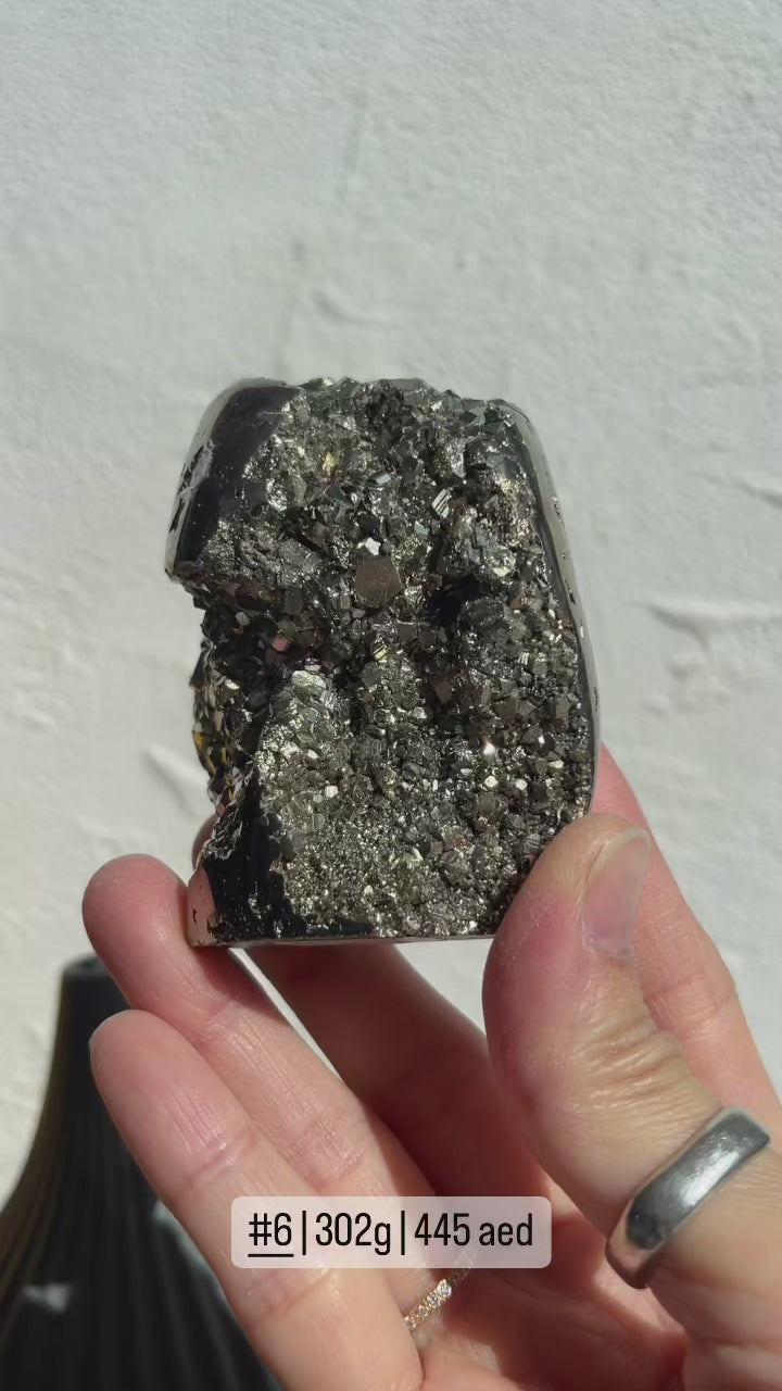 Self Standing Half Polished Pyrite Cluster