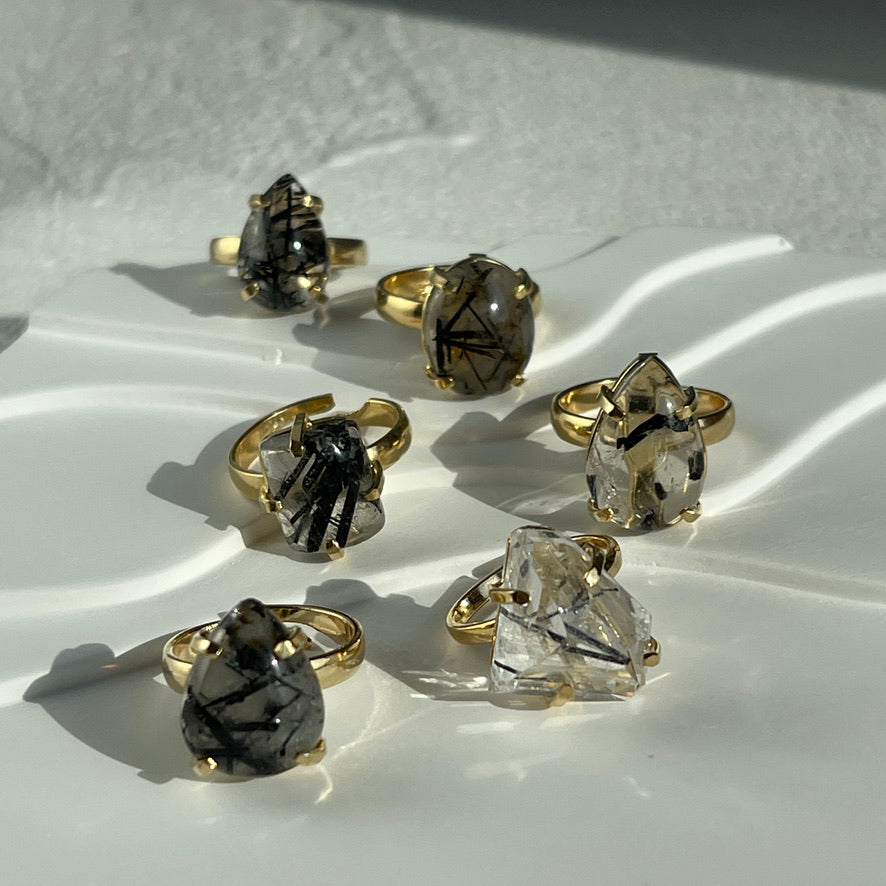Black Tourmalated Adjustable gold plated ring