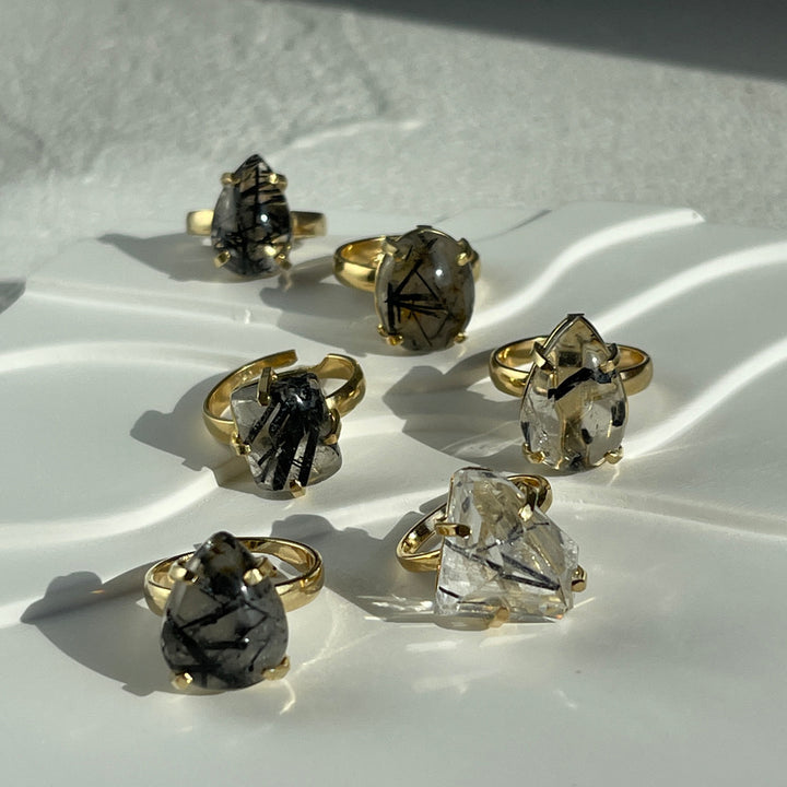 Black Tourmalated Adjustable gold plated ring