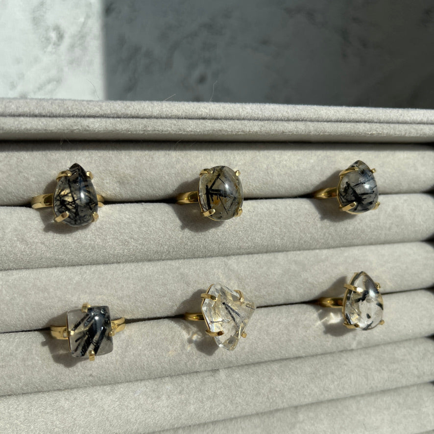 Black Tourmalated Adjustable gold plated ring