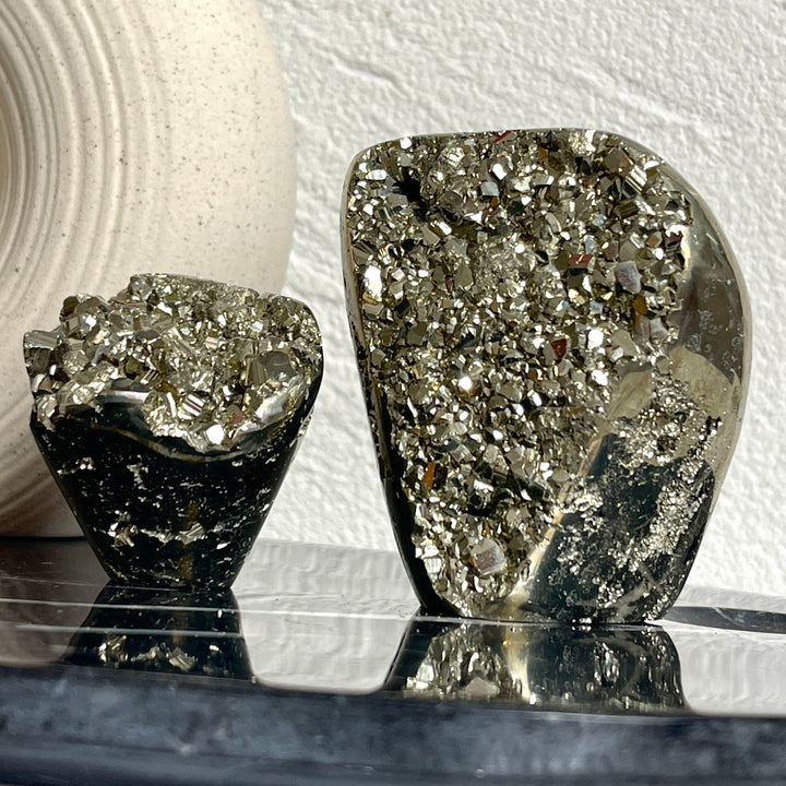 Self Standing Half Polished Pyrite Cluster