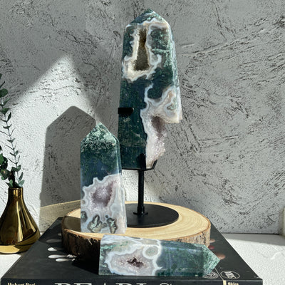 Moss Agate With Amethyst Tower