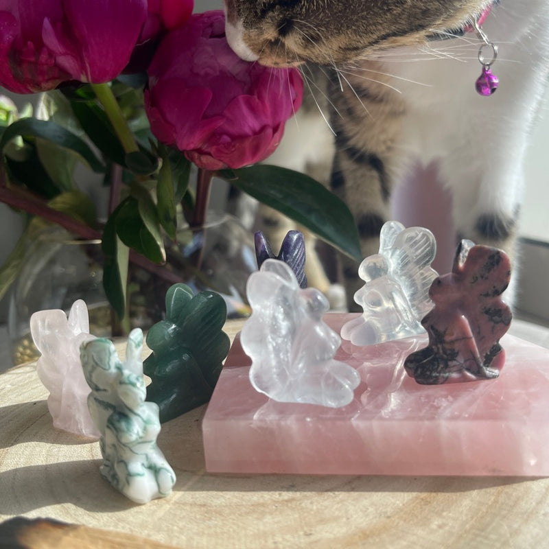 Crystal fairies displayed on a rose quartz slab with a cat in the background