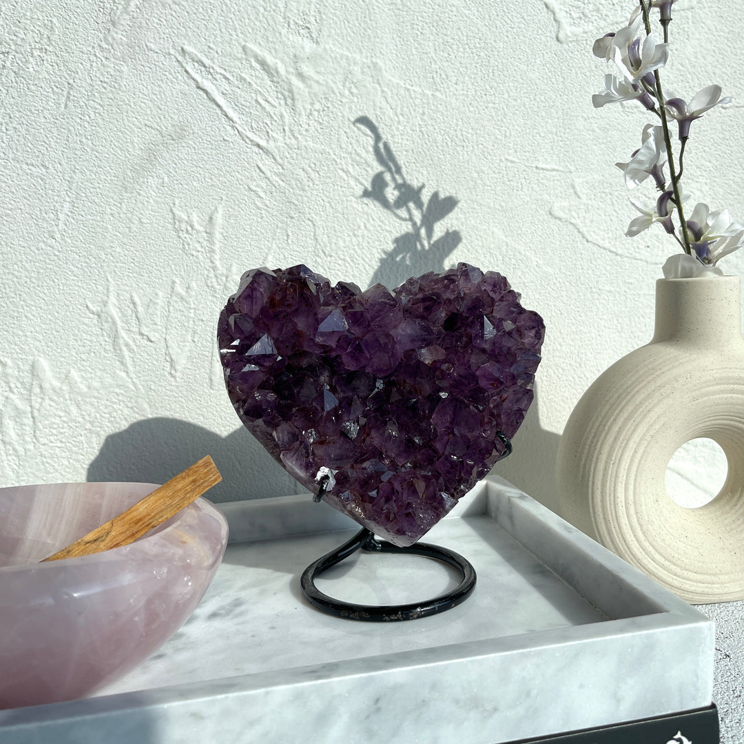 Amethyst Heart Clusters on stand