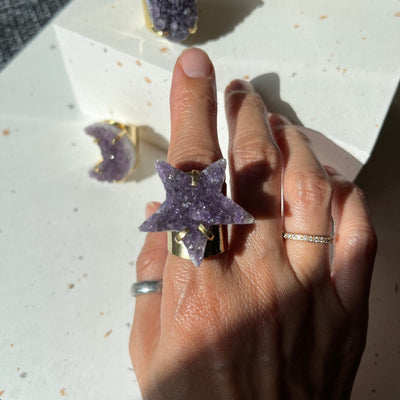 Star Shaped Amethyst Cluster on gold plated ring