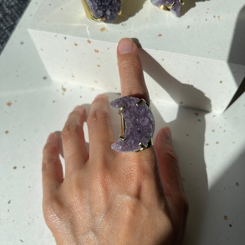 Moon Shaped Amethyst Cluster on gold plated ring