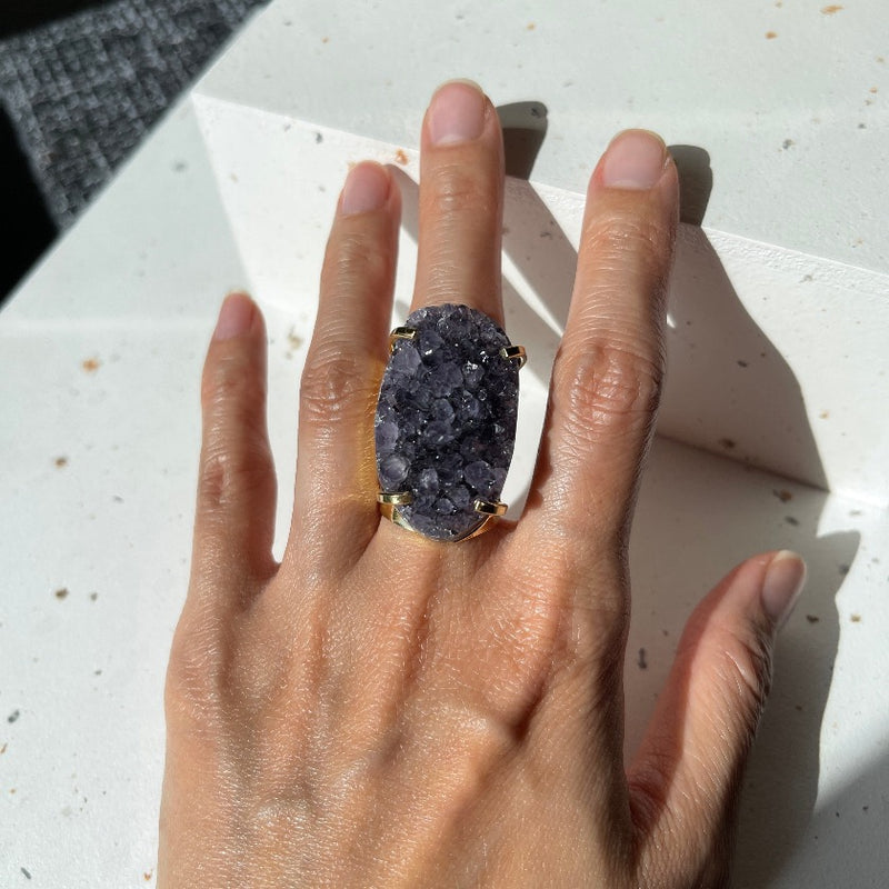 Freeform Amethyst Cluster on gold plated ring