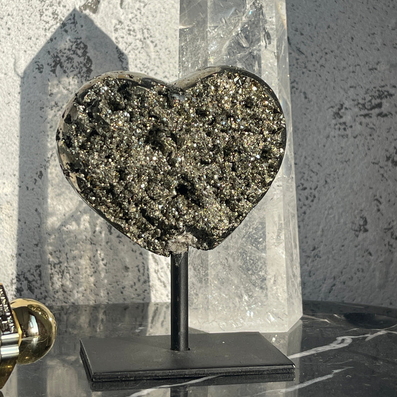 Pyrite Clusters Heart on Stand